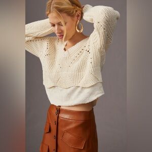 Anthropologie Off White Chunky Knit Layered Mixed Media V-Neck Pullover